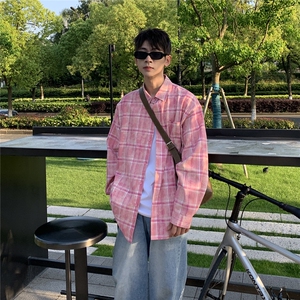 日系cityboy复古长袖衬衫男秋季潮流设计感小众粉色格子衬衣外套图片