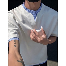 夏季新款假两件大码立领麂皮绒宽松短袖T恤B315-ST003-特p25控48，男装T恤，电商B315