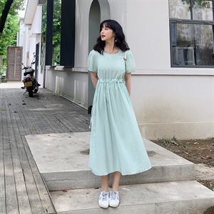 【现货】2021夏装新款纯色连衣裙 166-1020P70 桔红图片
