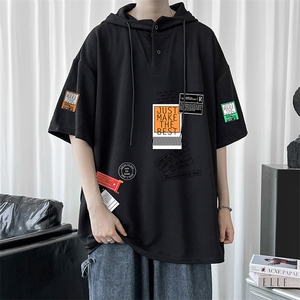 LD54121-P45 连帽短袖t恤男大码胖子带帽五分袖中袖图片