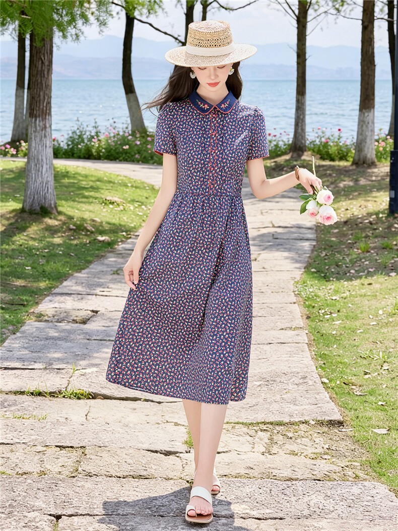 田园风碎花刺绣连衣裙女春夏收腰显瘦中长裙（细节图颜色为准）,女装连衣裙,水衣源