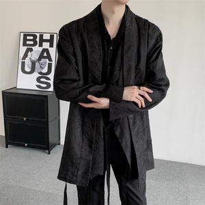 春秋复古新中式飘带竹子提花叠层长袖衬衫大码男女复古外套汉服图片
