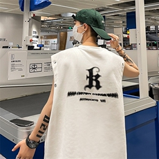 港风夏装新款麂皮绒印花可拆卸圆领宽松短袖T恤男背心潮D286P38，男装背心/马甲，电商A335-1（原A458）