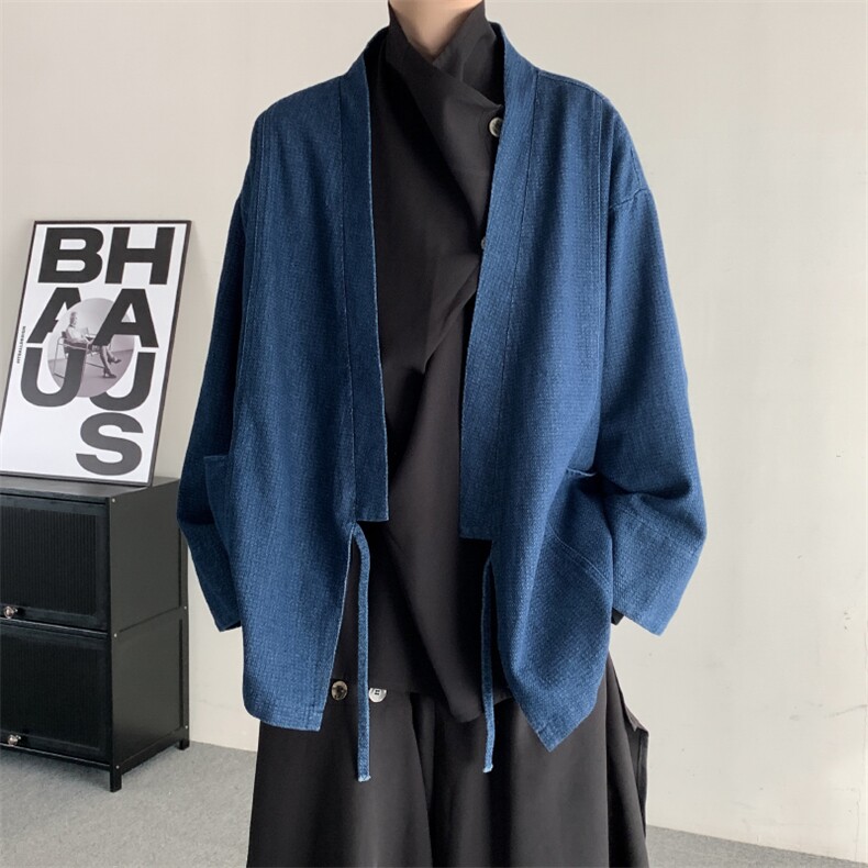 春装24日系复古和服开衫长袖牛仔外套男女宽松无性别情侣衬衫潮,男装衬衫,星座909