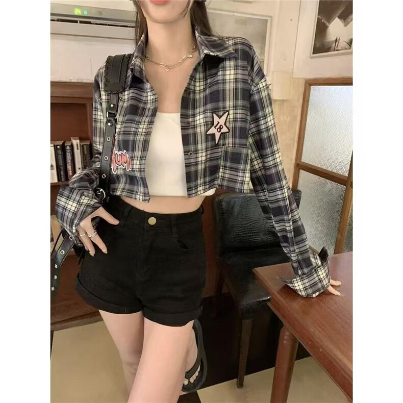 复古粉色格子衬衫外套女春夏小众设计感宽松慵懒风防晒衬衣上衣图片