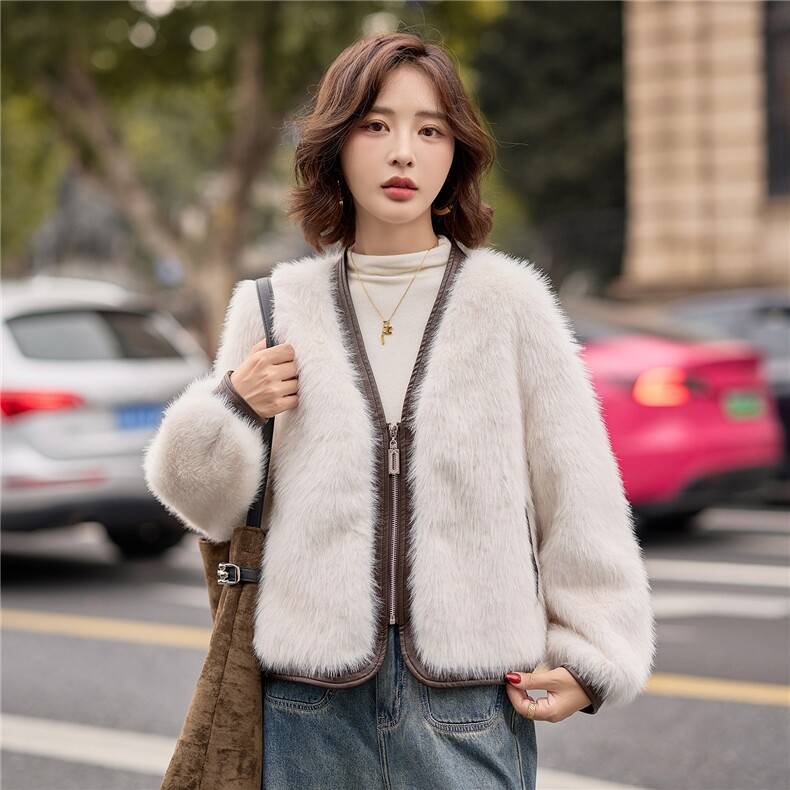 （bao款现货已出）冬季新款时尚PU皮拼接仿水貂毛皮毛一体短款,女装毛呢外套,难舍钰依