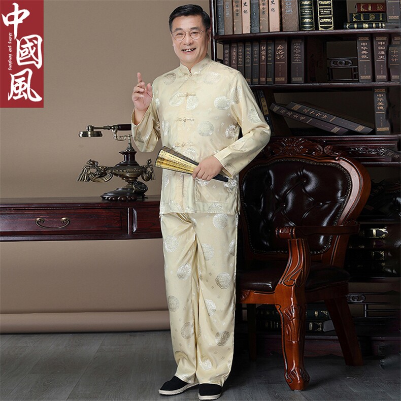 中老年唐装男春秋仿长袖套装风爷爷中式生日过寿婚礼衣服,男装中老年男装,钱塘723