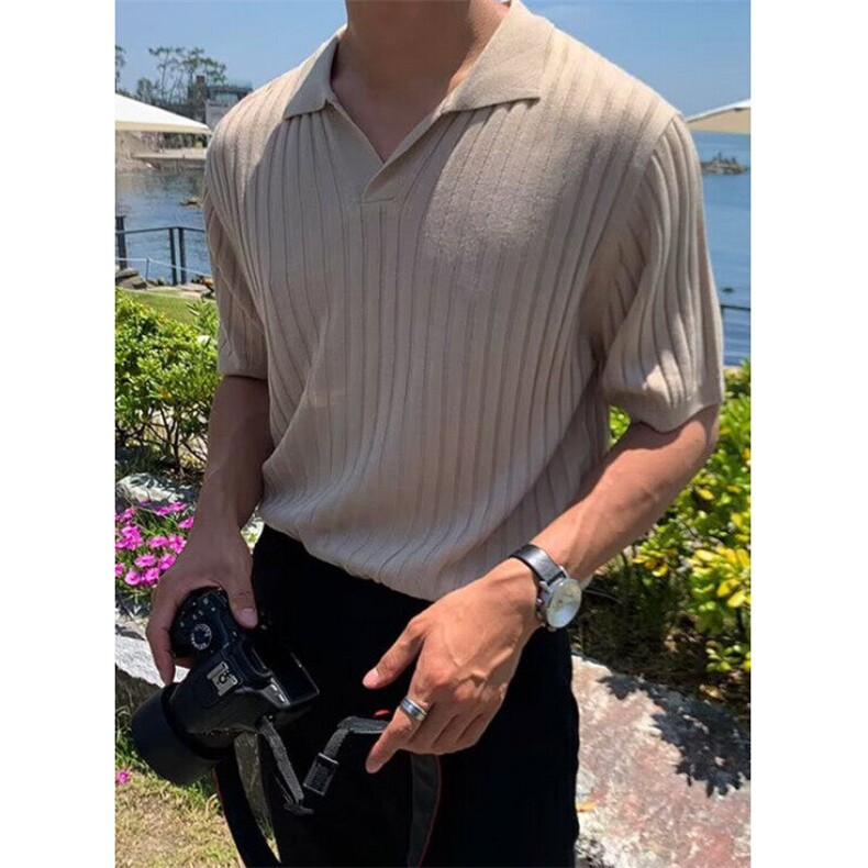 短袖polo衫冰丝夏新中式纯色亨利领商务休闲小V领男士T恤TB222,男装Polo衫,星座1116A-2（原606A-1）