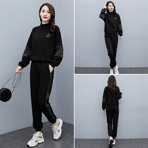加绒加厚休闲服套装女春秋新款半高领卫衣减龄拼接运动显瘦两件套图片