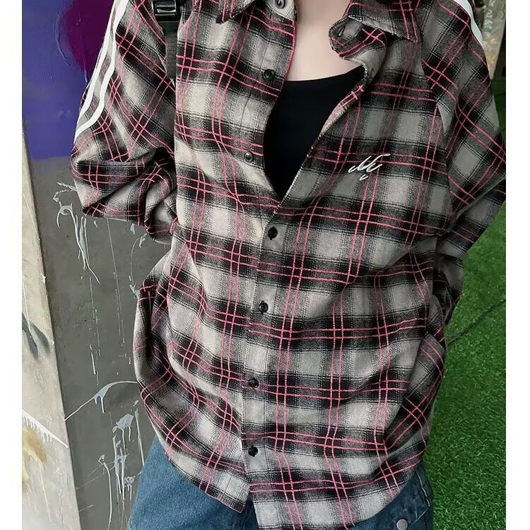 美式刺绣格子长袖衬衫三条杠休闲街头男女风百搭ins情侣外套上衣,男装衬衫,星座506A
