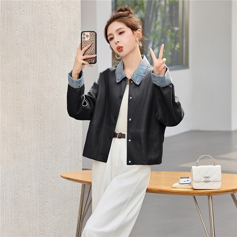 现货外套女2026新款春拼接牛仔简约翻领软皮衣夹克上衣女装PU,女装皮衣,依万里