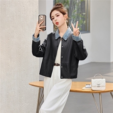 现货外套女2026新款春拼接牛仔简约翻领软皮衣夹克上衣女装PU，女装皮衣，依万里
