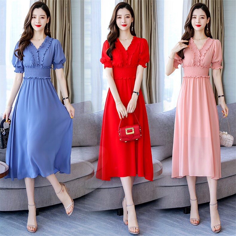 2022年夏季V领时尚舒适宽松腰纯色短袖简约百搭中长款，女装连衣裙，卡杰菲