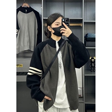 美式复古撞色条纹针织开衫外套男春秋感情侣立领短款夹克ZZS71p55，男装针织衫/毛衣，电商D256A(原A064A)