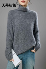 2025年秋季时尚百搭通勤简约休闲亮片高翻领，女装羊毛衫，美轩羊绒