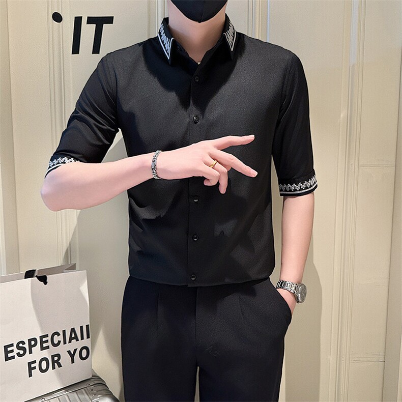 店主风社会小伙男绣花七分袖衬衫男潮流休闲衬衣301A-1/CS567/P55图片