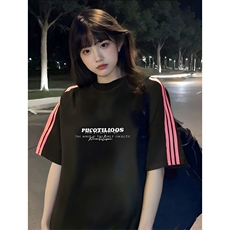 抖音得物品质二开240克宽松纯棉美式潮牌印花三条杠中性风短袖T恤，男装T恤，电商A486-1