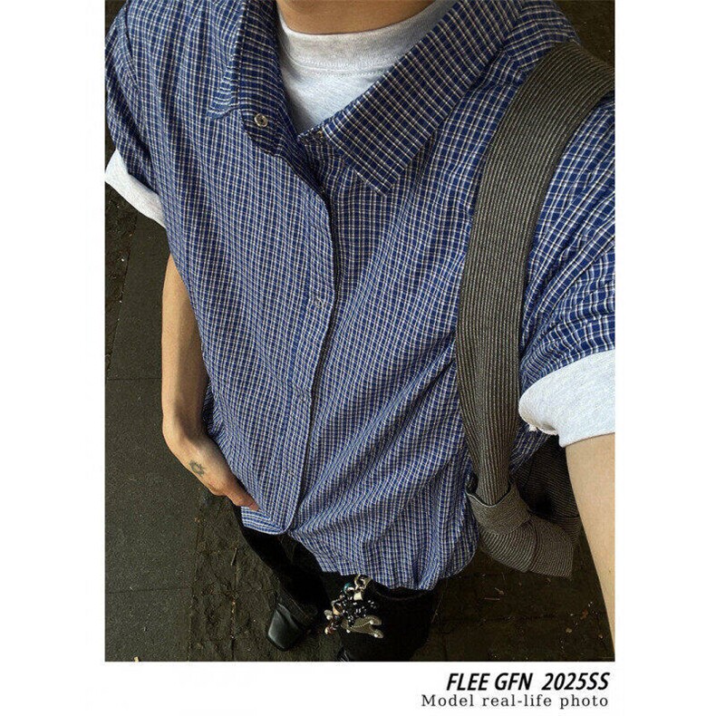 复古格纹短袖衬衫男夏季新款miu系休闲百搭半袖衬衣LA67299-P40,男装T恤,星座1008
