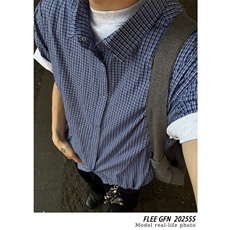 复古格纹短袖衬衫男夏季新款miu系休闲百搭半袖衬衣LA67299-P40，男装T恤，星座1008