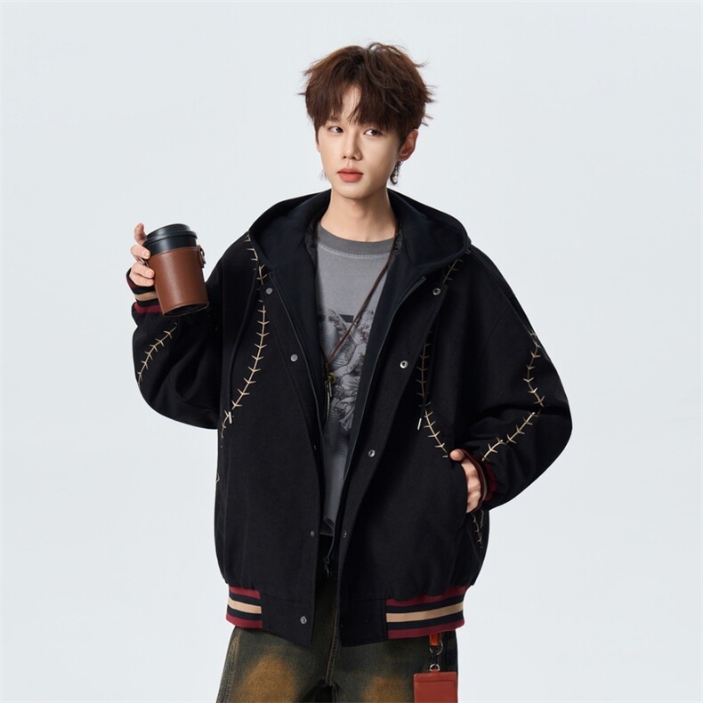 宽松复古明线刺绣连帽假两件棒球服春季百搭夹克XZ309JK8006P95,男装夹克,星座309（原A406）