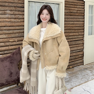 黄色短款皮毛一体外套女2025冬季新款超好看小个子加厚羊羔毛上衣图片