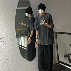 重磅抖音品质美式复古字母蜡染水洗做旧宽松短袖t恤DT60-P38，男装T恤，星座301C-5
