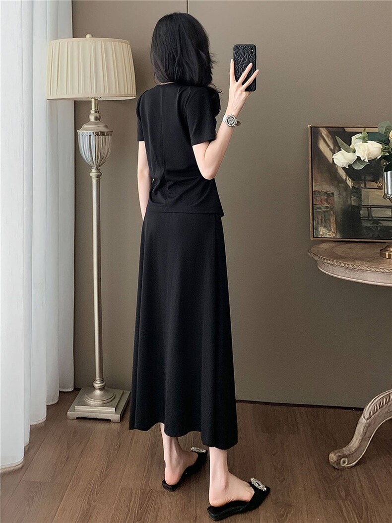 女夏季新款时尚休闲气质套装裙圆领不规则扭结短袖半身长裙两件套,女装套装/套裙,江南
