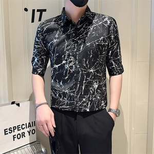 店主风社会小伙男七分袖烫金衬衫男休闲衬衣301A-1/CS563/P55图片