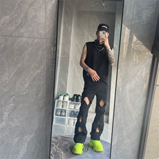 23美式破洞黑色牛仔裤男女款潮牌高街直筒显瘦宽松裤子JQ111-P50，男装牛仔裤，星座1109-3
