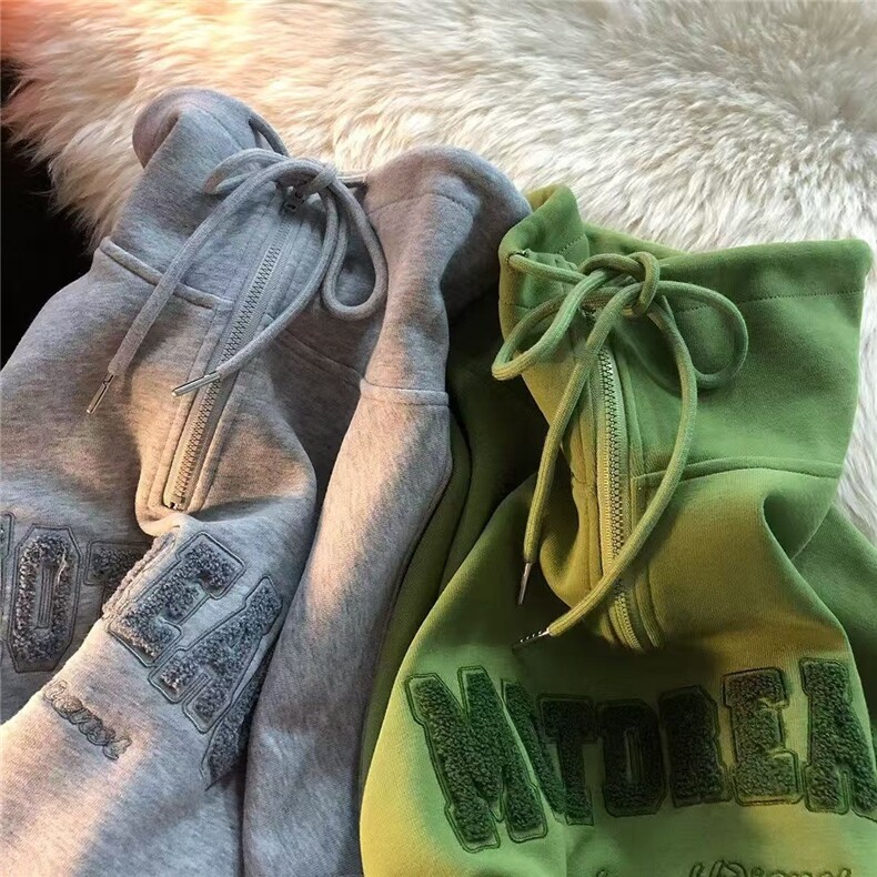 字母植绒拉链高领卫衣男女加绒宽松休闲百搭情侣外套WK19P40，女装短外套，星座1013-1