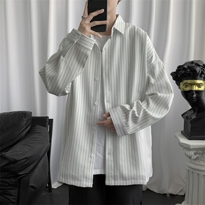 条纹衬衫外套男港风日系休闲宽松衣服潮流黑色男士衬衣 W1161-P35图片