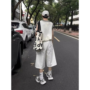气质原宿简约百搭新款流行文艺ins时尚慵懒无品牌白色七分裤潮流图片
