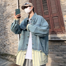 春季美式复古条纹衬衫牛仔夹克拼接假两件设计感宽松休闲外套潮，男装夹克，星座410-7