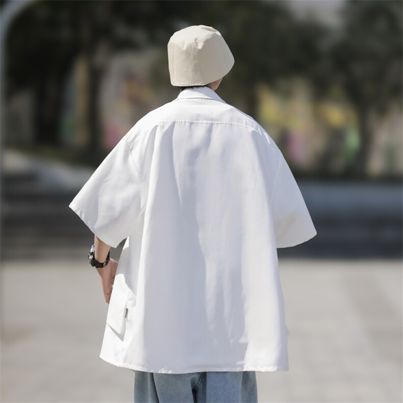 夏装日系复古大口袋短袖衬衫男宽松纯色大码衬衣C500P35,男装T恤,电商C323