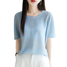 夏季新品2025韩版天丝半袖女圆领镂空大码短袖T恤女气质，女装针织衫/毛衣，唐诺