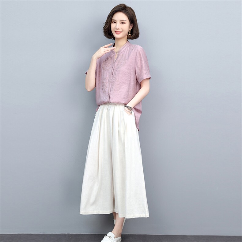 2022重工刺绣短袖衬衫女夏季新款妈妈衬衣棉麻风休闲上衣,女装衬衫,忆绮罗