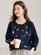 2026春秋亚麻时尚简约大方气质优雅刺绣休闲透气衬衫，女装衬衫，独衣靓