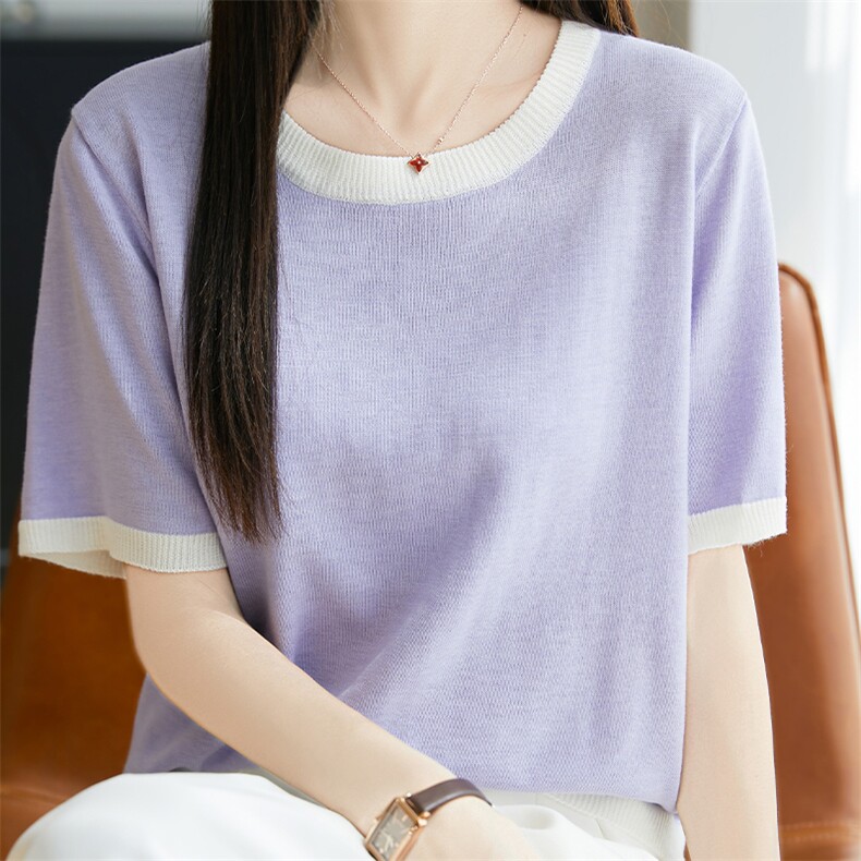 夏季新款韩版宽松短袖针织衫女圆领拼色百搭上衣,针织衫/毛衣,唐诺