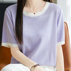 夏季新款韩版宽松短袖针织衫女圆领拼色百搭上衣，女装针织衫/毛衣，唐诺