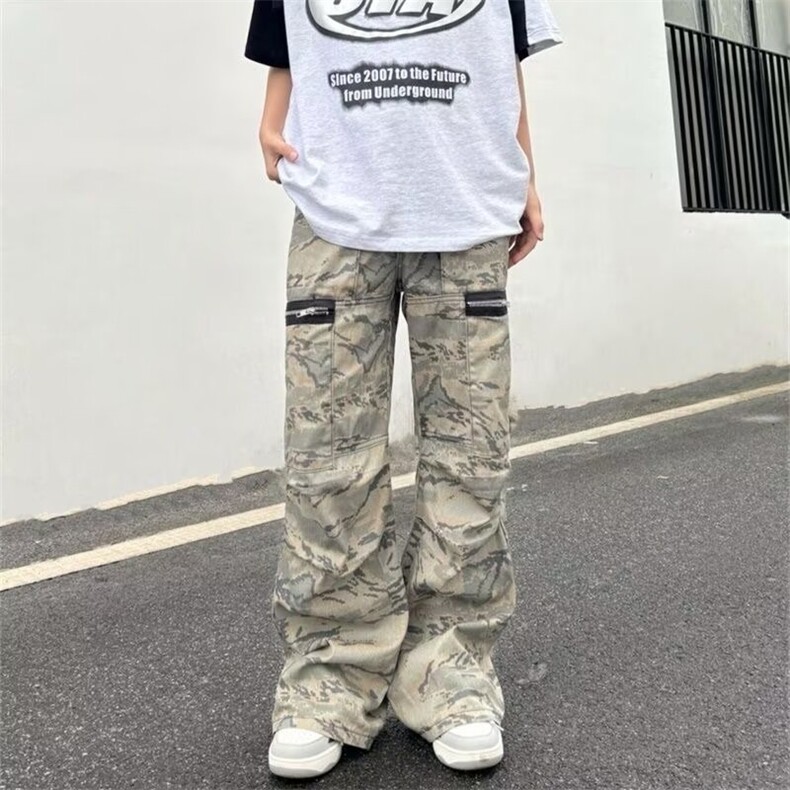 口袋拉链设计工装迷彩裤潮流街头嘻哈宽松垂感阔腿裤AAM128P62,男装工装外套,星座1013-5