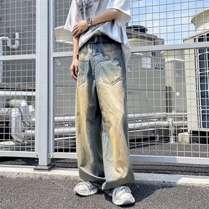 做旧水洗阔腿牛仔裤女春秋宽松设计感高腰直筒垂感长裤图片