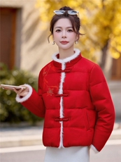 现货2026新中式水貂毛拼接手工刺绣提花气质优雅白鹅绒羽绒服，女装羽绒服，卡杰菲