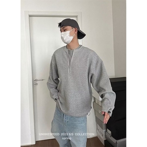 复古无领纯色卫衣男半拉链慵懒风宽松春季套头百搭上衣 W8804图片