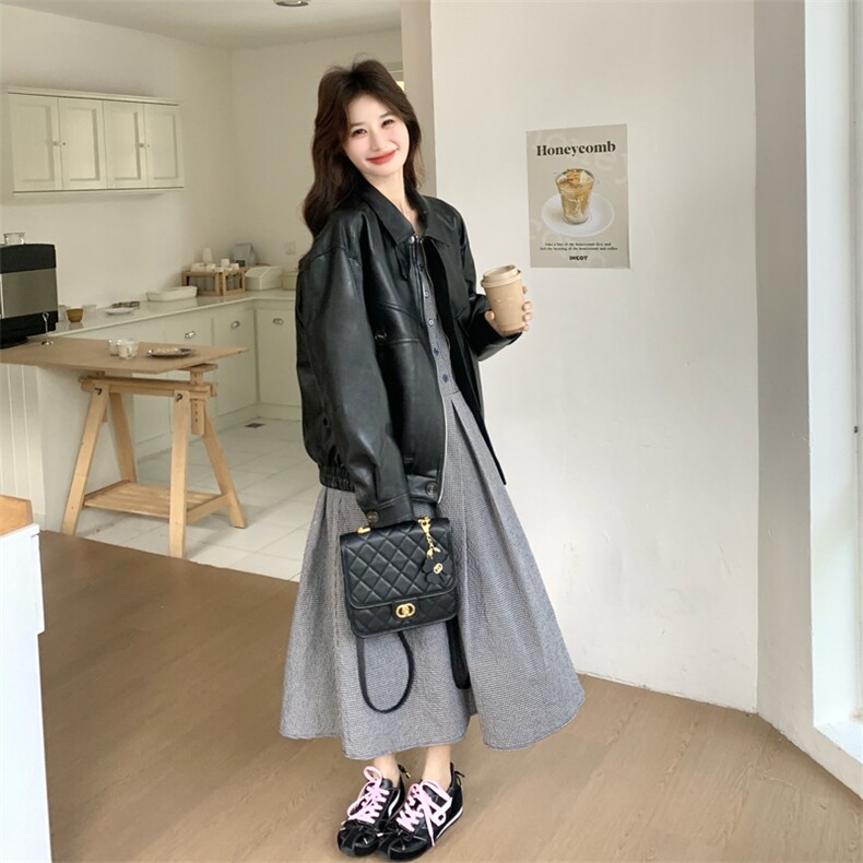 复古廓形皮衣C016-608-P185-K298,吊带背心连衣裙3093-P125-K208,女装皮衣,2C016