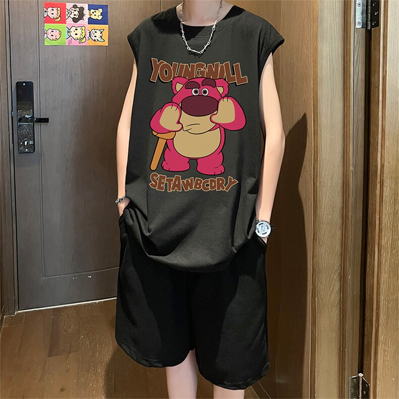 直播品质美式宽松纯棉背心无袖t恤短裤大码两件套套装TZ54-P58,男装T恤,电商A486