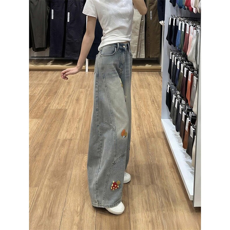网图A2386P55-美式复古弯刀阔腿牛仔裤男女卡通刺绣设计感裤子,男装牛仔裤,电商B241