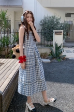 复古格子无袖背心连衣裙女夏2025新款韩系法式超好看独特别致长裙，女装连衣裙，2C135