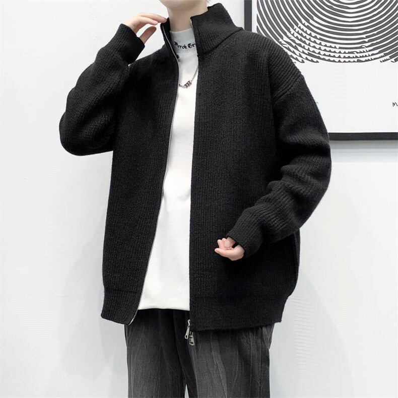 MY688-P65高领双拉链开衫毛衣慵懒风大码针织毛衣外套，男装针织衫/毛衣，电商A320A