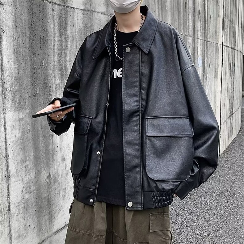 工装PU皮夹克男士炸街翻领暗黑系机车皮衣褂子外套PU906,男装夹克,星座1116A-1（原606A）
