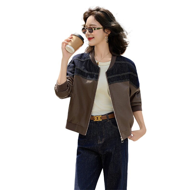 女式皮衣2025秋季新款牛仔拼接百搭休闲时尚PU皮夹克上衣,女装皮衣,美拉德工厂直营店